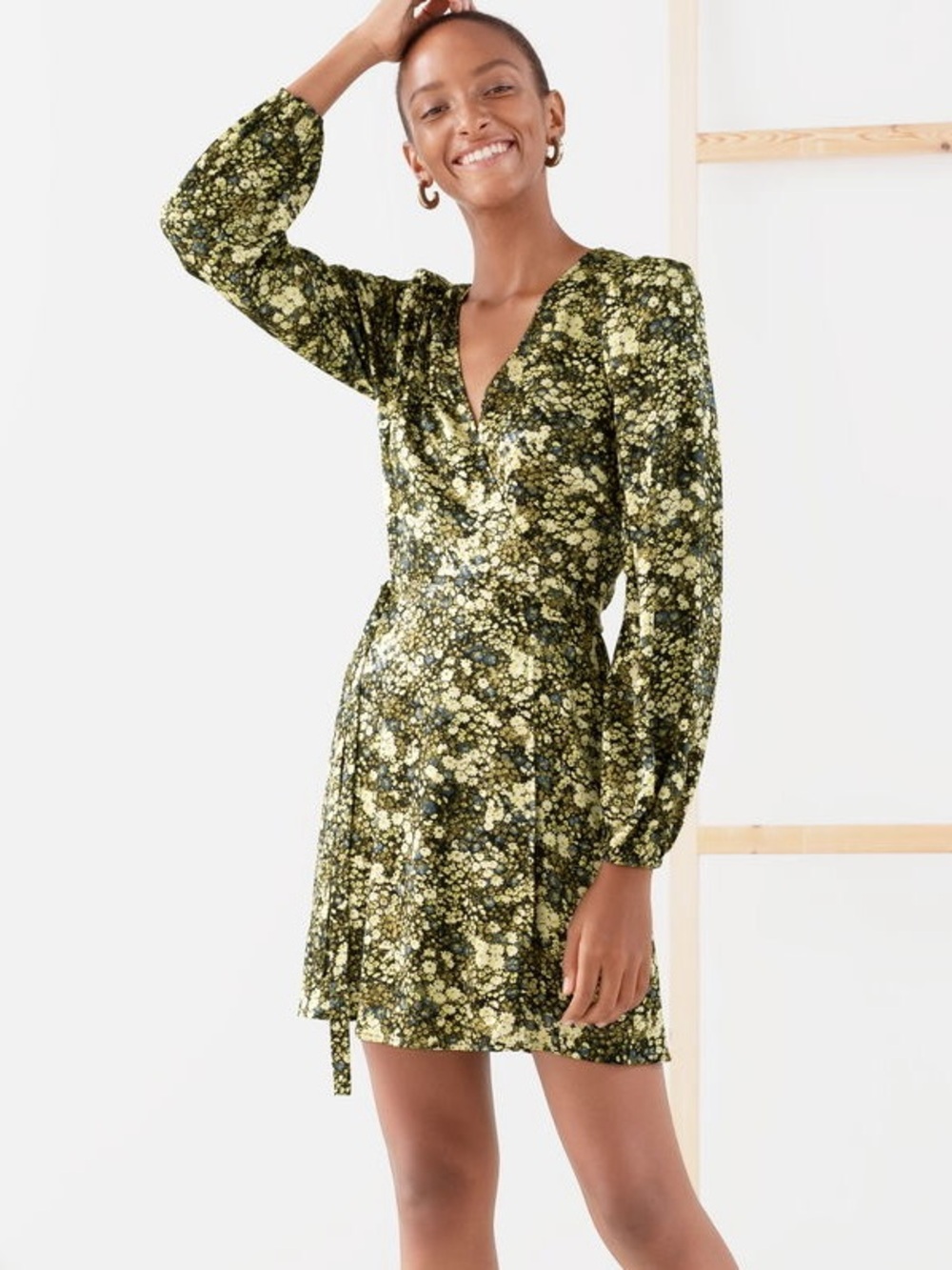 & Other Stories Floral Puff Shoulder Long Sleeve Satin Wrap Mini Dress Size 0